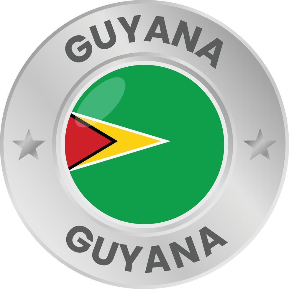Guyana flag in silver colored medal. National flag in metal circle emblem. vector