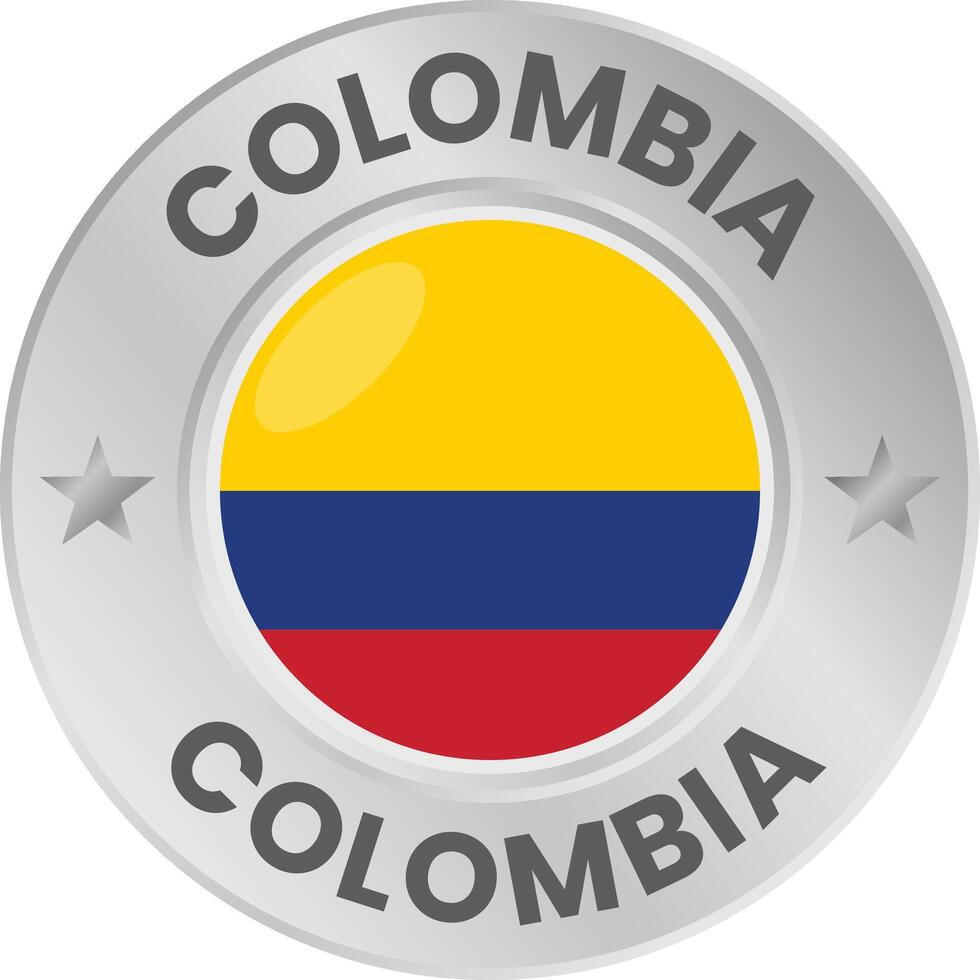 Colombia flag in silver colored medal. National flag in metal circle emblem. vector