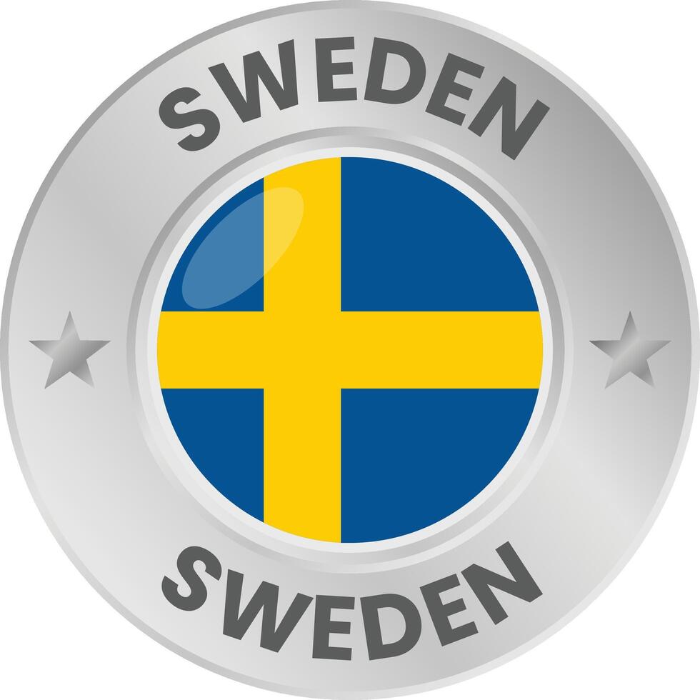 Sweden flag in silver colored medal. National flag in metal circle emblem. vector