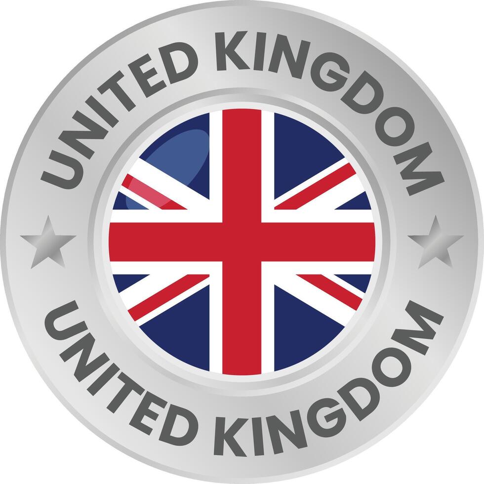 United Kingdom flag in silver colored medal. National flag in metal circle emblem. vector
