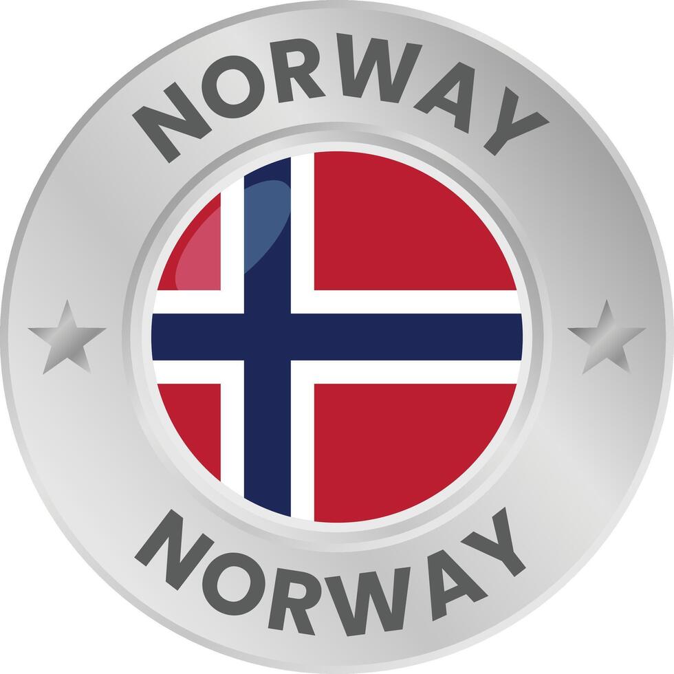 Norway flag in silver colored medal. National flag in metal circle emblem. vector