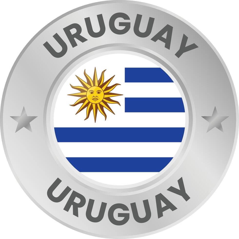 Uruguay flag in silver colored medal. National flag in metal circle emblem. vector