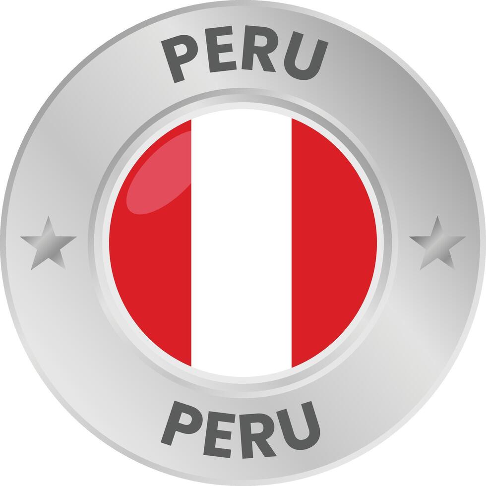 Peru flag in silver colored medal. National flag in metal circle emblem. vector