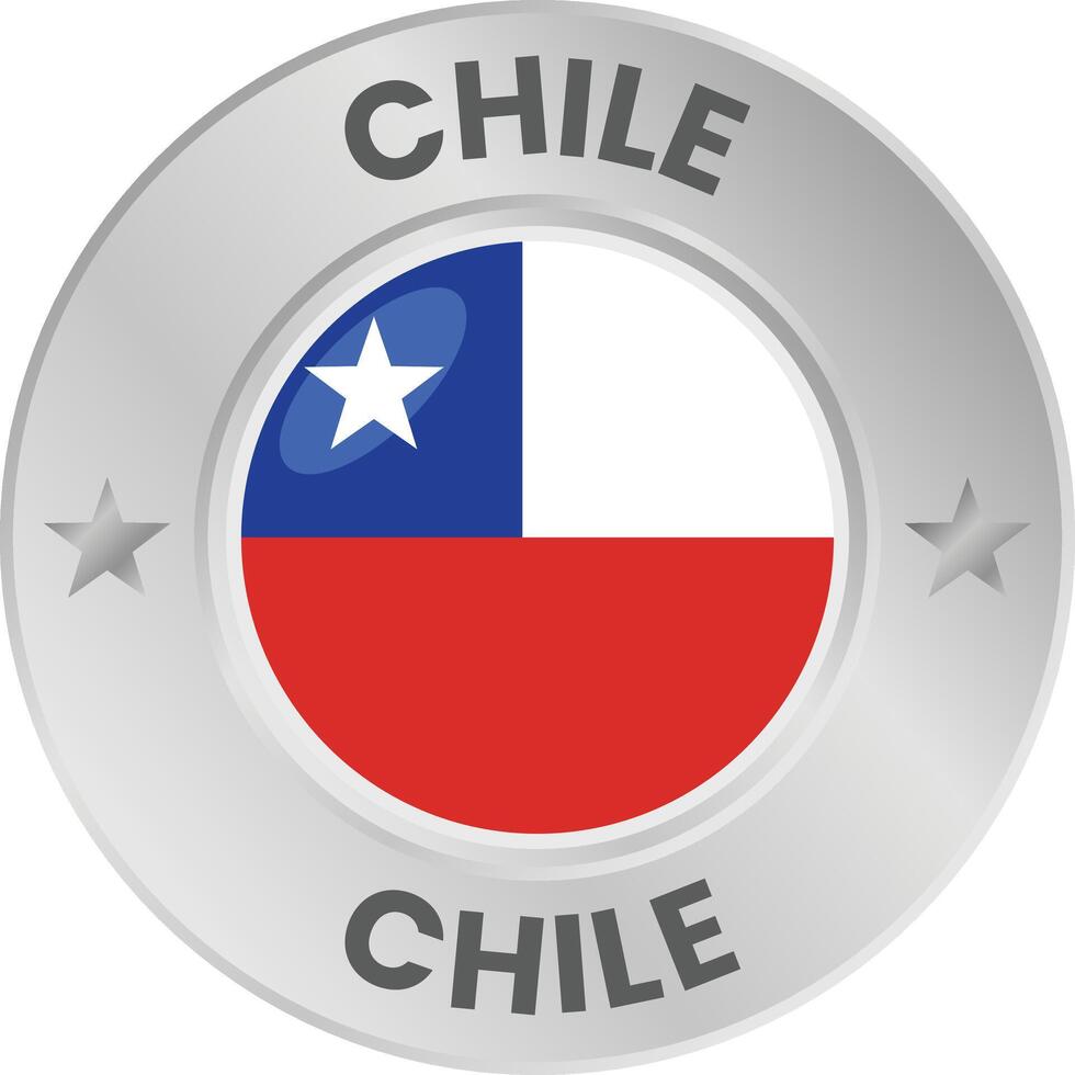 Chile flag in silver colored medal. National flag in metal circle emblem. vector