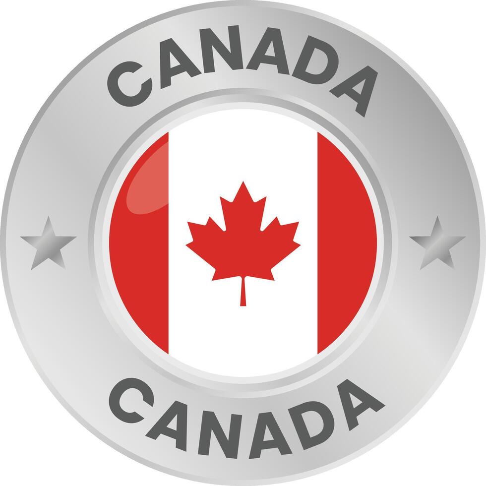 Canadian flag in silver colored medal. National flag in metal circle emblem. vector