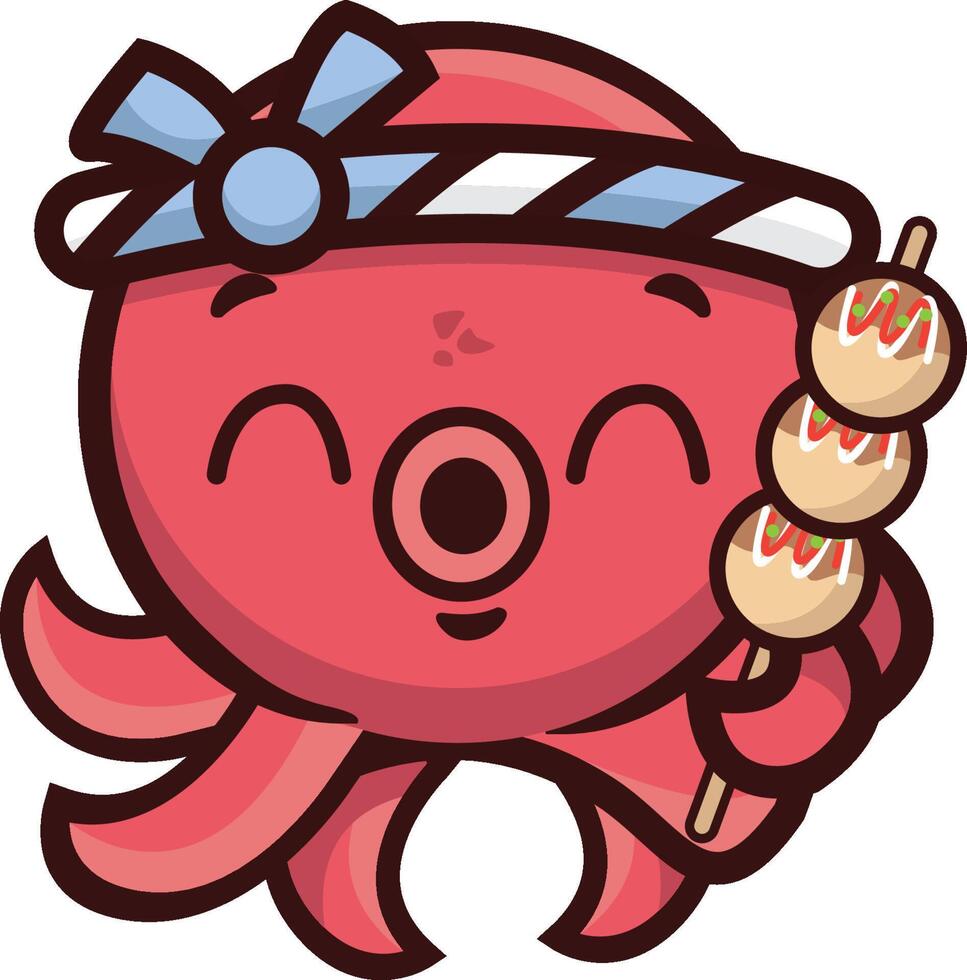 This logo features a cute octopus as the main mascot, with a cheerful expression for takoyaki food. vector