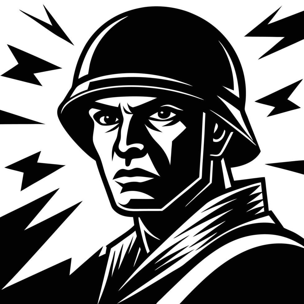 Determined soldier wearing helmet with sharp background elements portrait black vector