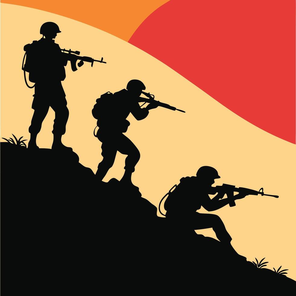 Soldiers advancing on rocky terrain with rifles tactical gear vector