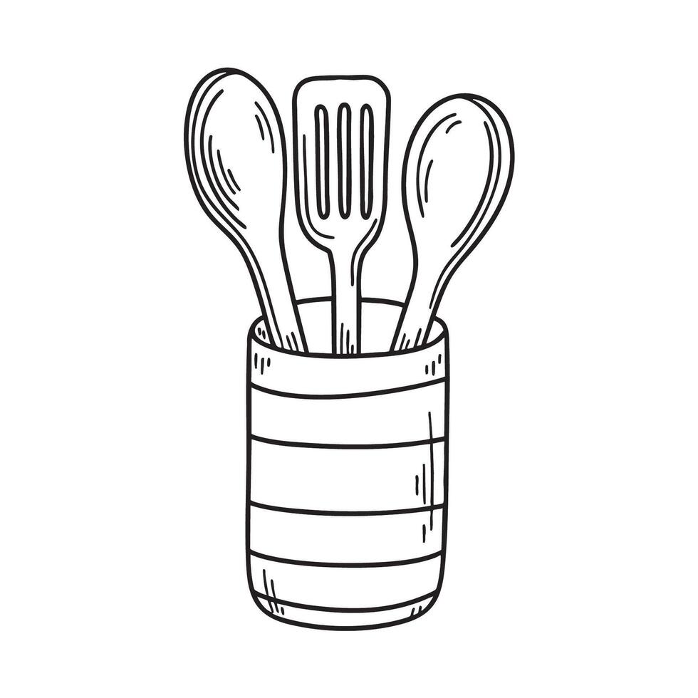 A utensil holder filled with wooden cooking tools vector