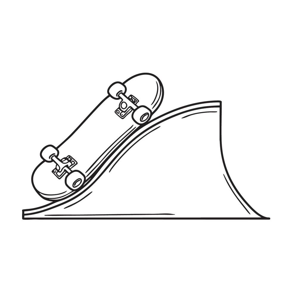 A skateboard parked at the bottom end of a steep ramp vector