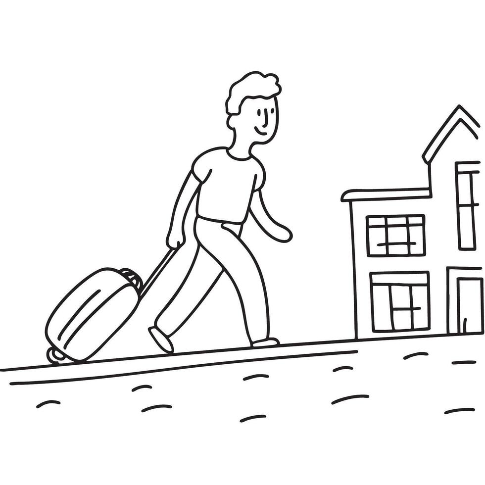 A man hauling a suitcase uphill toward a hotel entrance vector