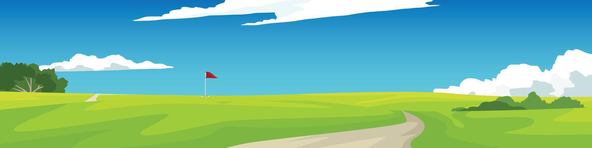 Golf course grassland landscape poster. Golf hole with flagpole on hill. Winding dirt road through bright green landscape with hills. Empty background of mountains and blue sky with white clouds. vector