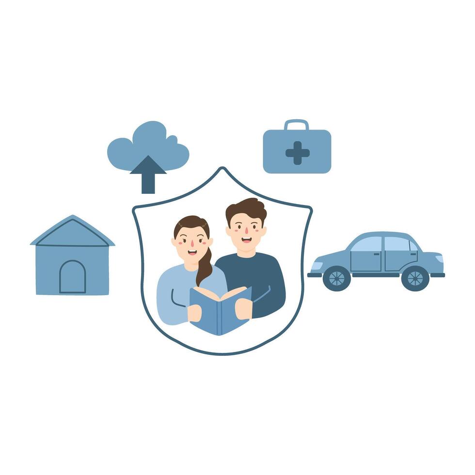 An insurance plan for a family with icons and a hand holding a top element. Protect your family icon vector