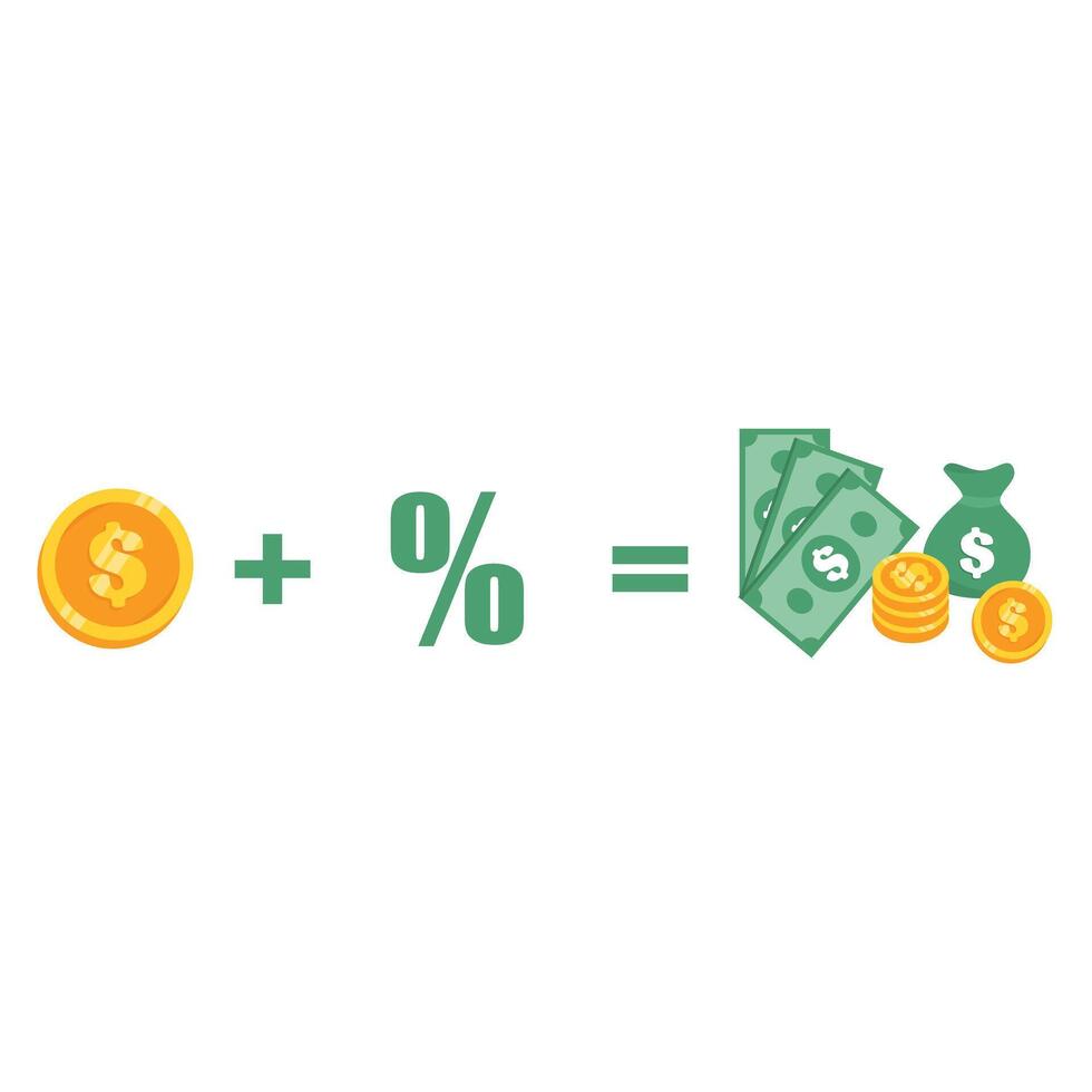 investment golden coins, percentage and dollar bills. Investing strategy, fundamental analysis. Compound interest, reinvesting, earn money vector