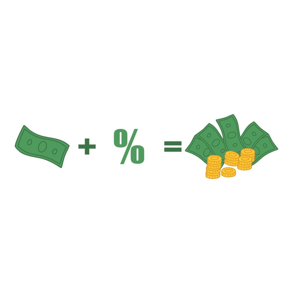 investment golden coins, percentage and dollar bills. Investing strategy, fundamental analysis. invest and increase your savings. Compound interest, reinvesting, earn money vector
