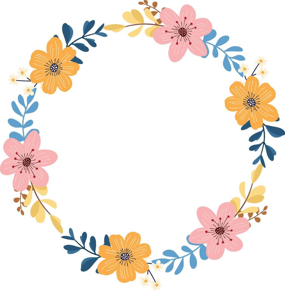 Colorful floral wreath with pink and yellow flowers vector