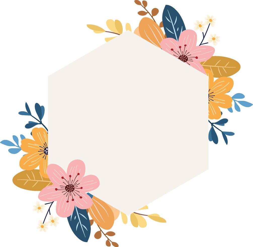 Floral hexagon frame decoration vector