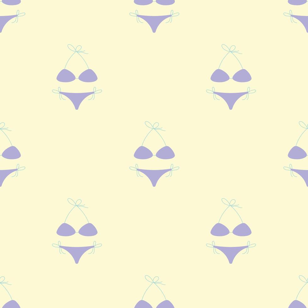 Purple bikini on a light yellow background. Summer seamless pattern for clothing, fabric, wallpaper, backdrop, home decoration, cover book, and wall art. vector