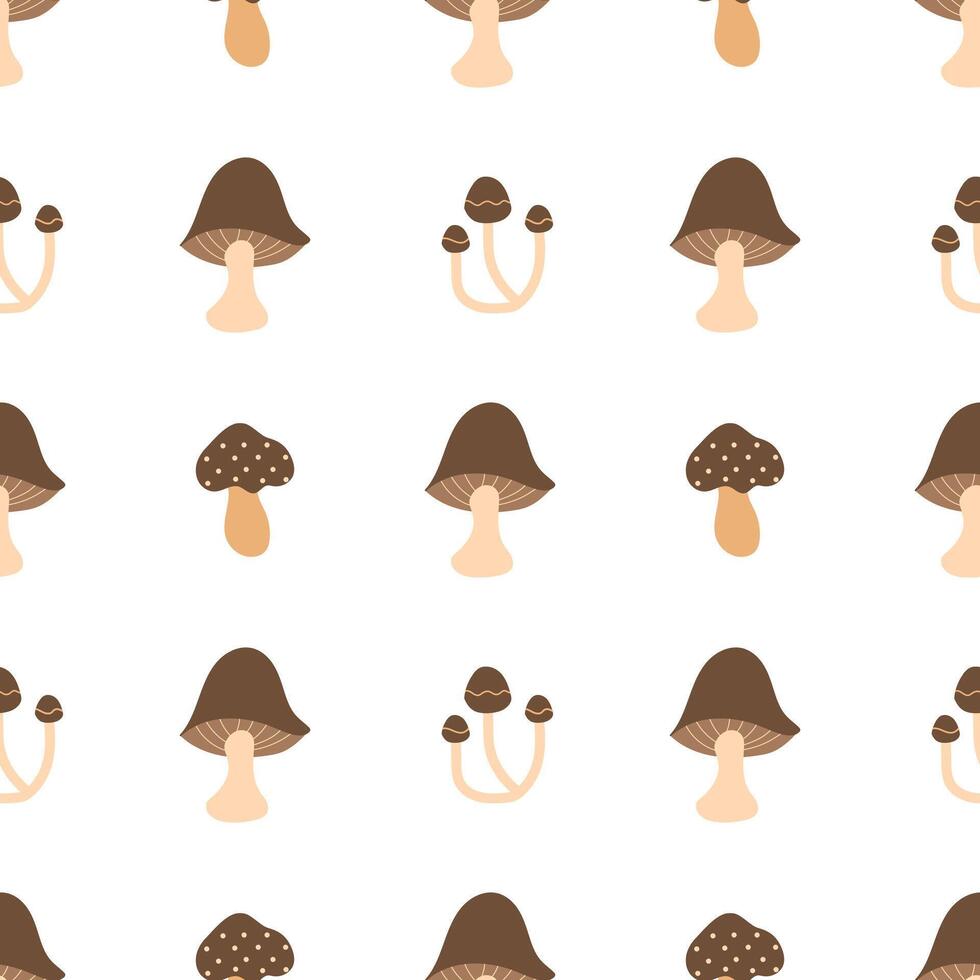Brown mushrooms on a white background. Autumn seamless pattern for clothing, fabric, wallpaper, backdrop, home decoration, cover book, and wall art. vector