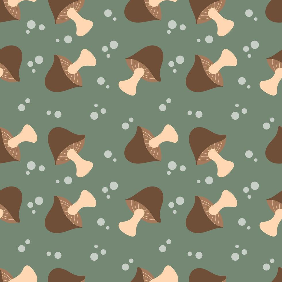 Brown mushrooms on a dark green background. Autumn seamless pattern for clothing, fabric, wallpaper, backdrop, home decoration, cover book, and wall art. vector