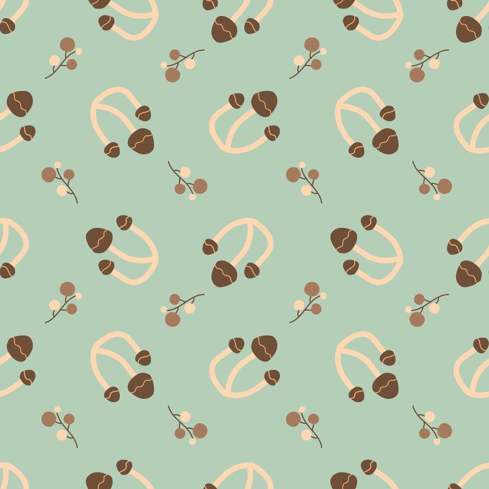 Brown mushrooms on a light green background. Autumn seamless pattern for clothing, fabric, wallpaper, backdrop, home decoration, cover book, and wall art. vector