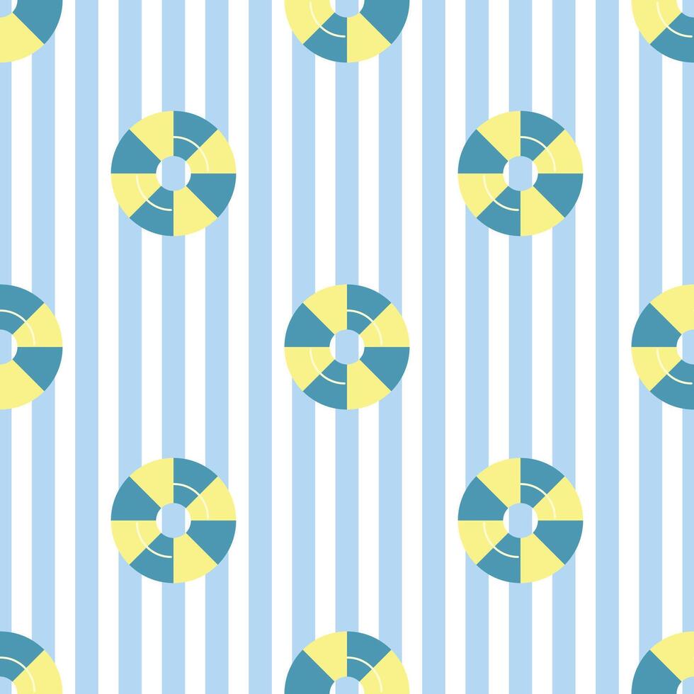 Yellow rubber ring on a stripe blue and white background. Summer seamless pattern for clothing, fabric, wallpaper, backdrop, home decoration, cover book, and wall art. vector