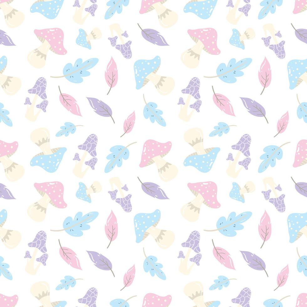 colorful mushrooms and leaves pattern vector