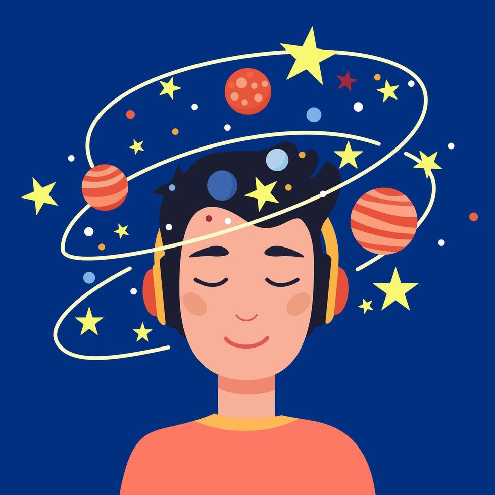 Head of a teenager with closed eyes, stars and planets flying around his head vector
