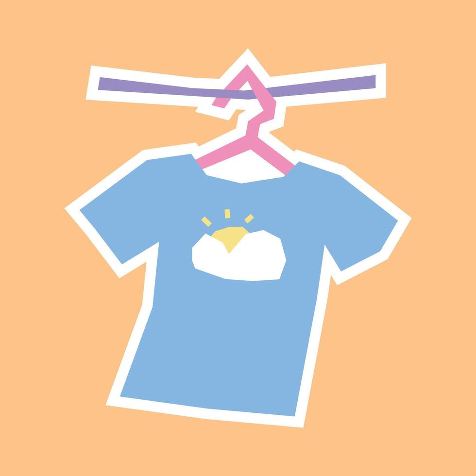 Blue T Shirt Hanging on Hanger sticker in cutout style and flat pastel tone color vector
