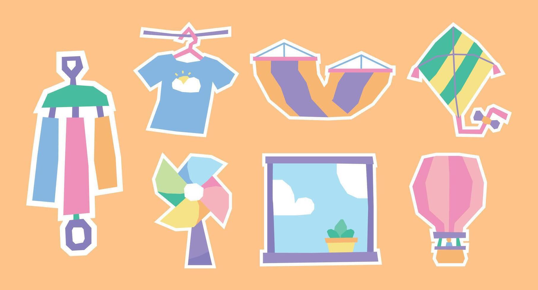 Playful summer themed sticker set in cheerful pastel cutout style vector