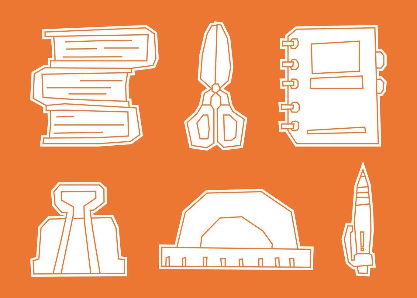 White Filled School Stationery Sticker Icon Set With Cut Out Style vector