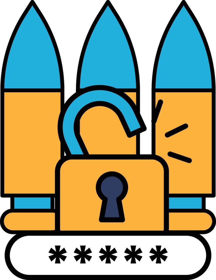 A blue and yellow image of a lock with a key and three bullets in the background vector