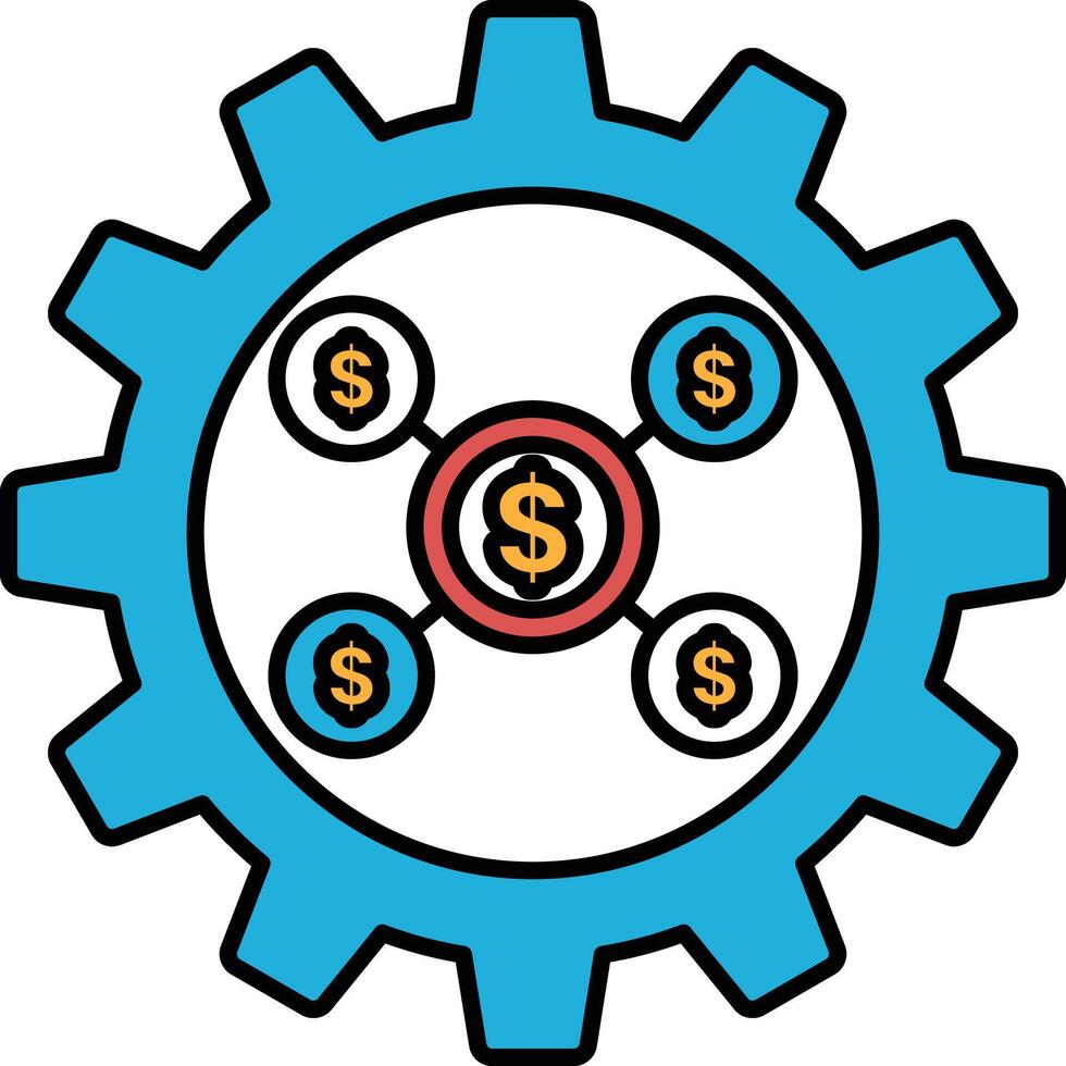 A blue gear with a red circle in the middle and four dollar signs surrounding it vector