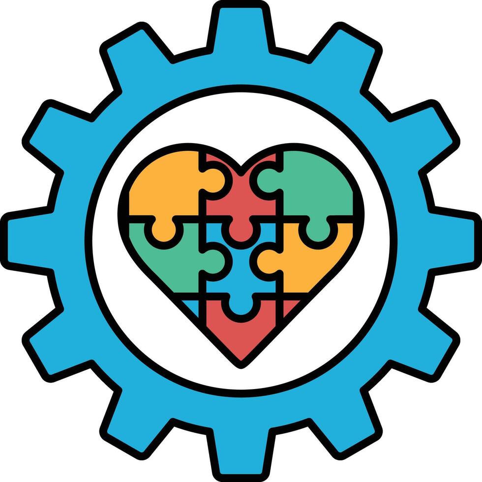 A puzzle piece heart is surrounded by a blue gear vector