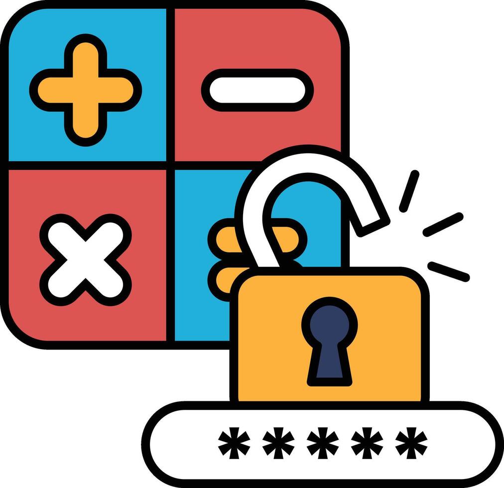 A colorful image of a lock with a key and a calculator vector