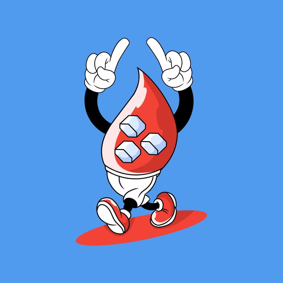 retro comic style illustration lively blood drop mascot with sugar cubes inside, conceptualizing blood sugar in a playful manner. vector