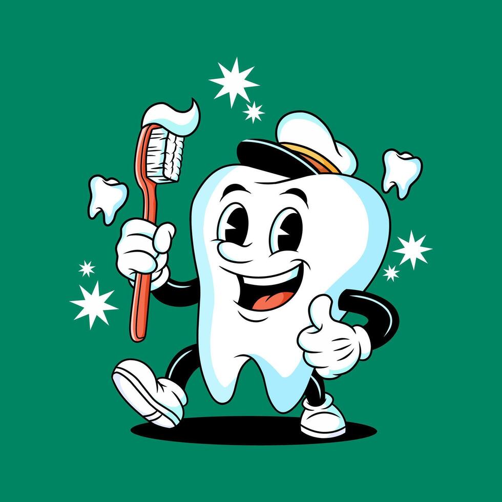 charming retro cartoon tooth,ideal mascot for any dental clinic, especially for kids.Its friendly expression and clean, healthy look vector