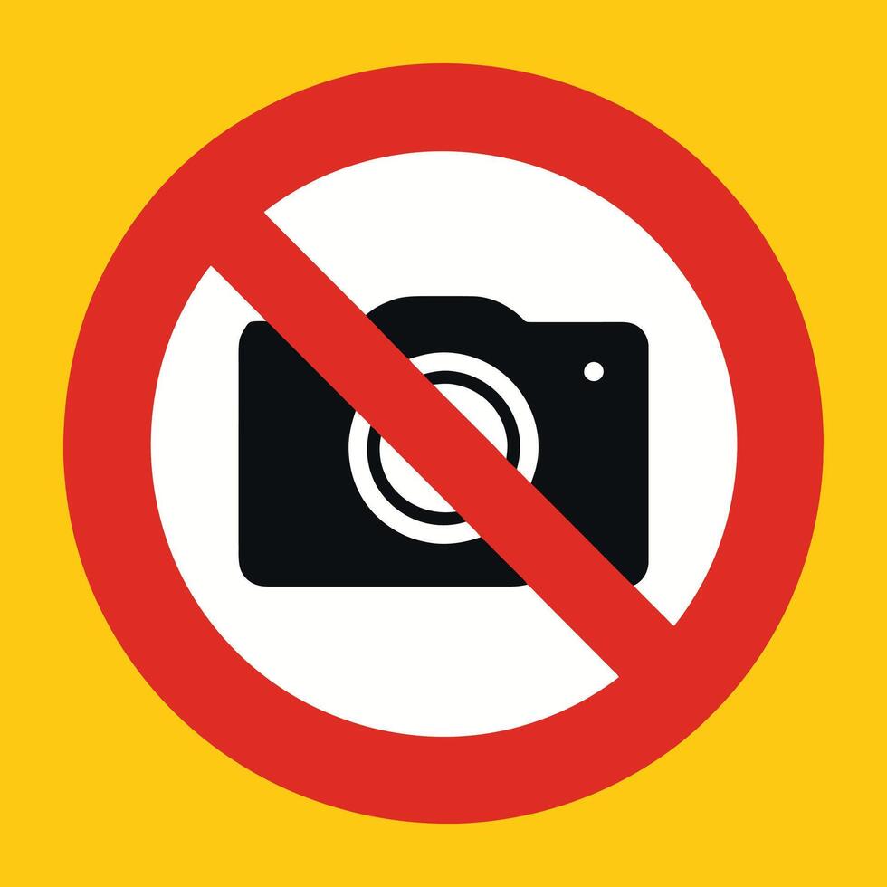 Do Not Take Pictures Warning Icon, Flat Camera with Red Circle Slash for Use in Restricted Zones, Events, or Legal Use Notices vector