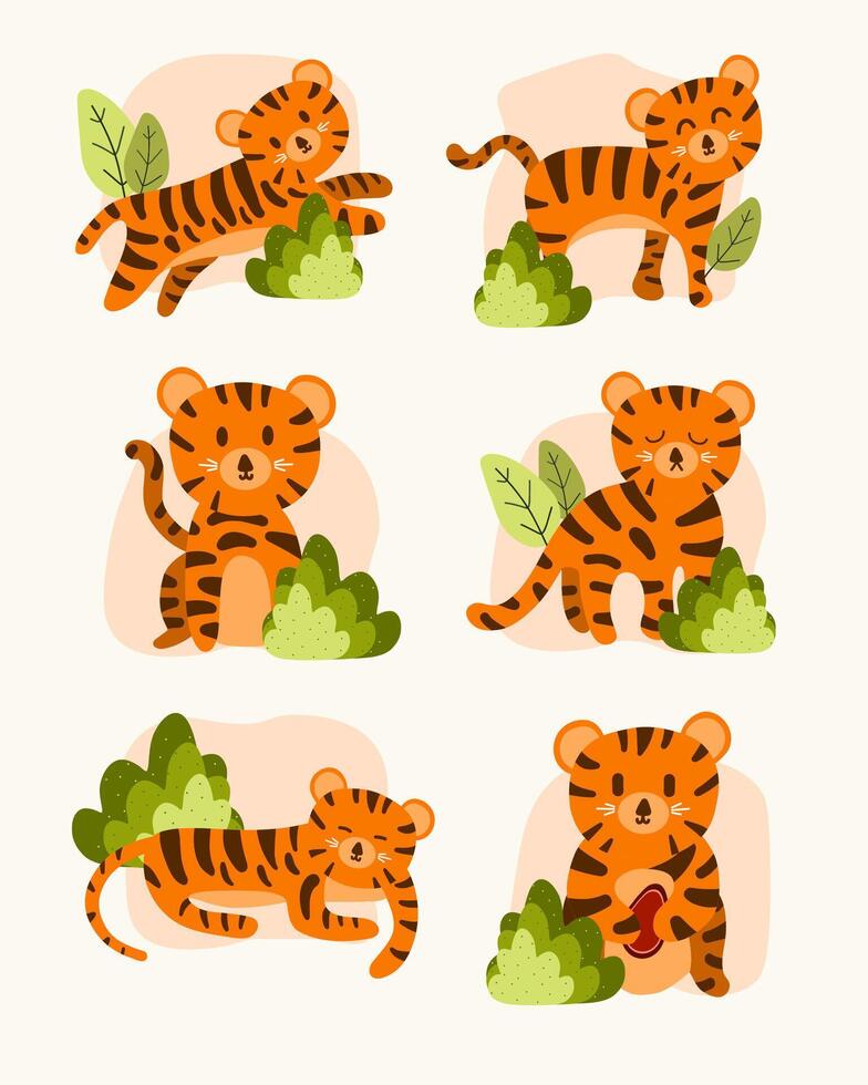 Cute cartoon tigers in playful poses vector