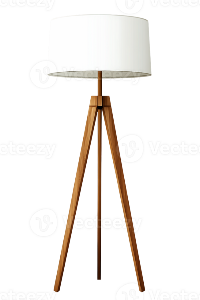 Modern Tripod Floor Lamp with White Shade and Light Brown Wooden Legs png