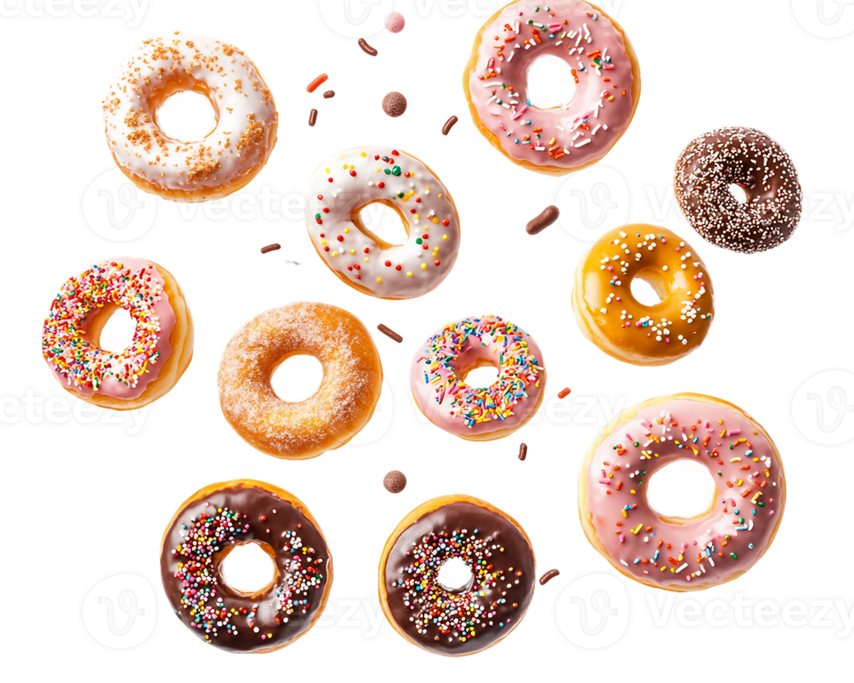 Flying Assorted Donuts with Colorful Sprinkles on Transparent Background png