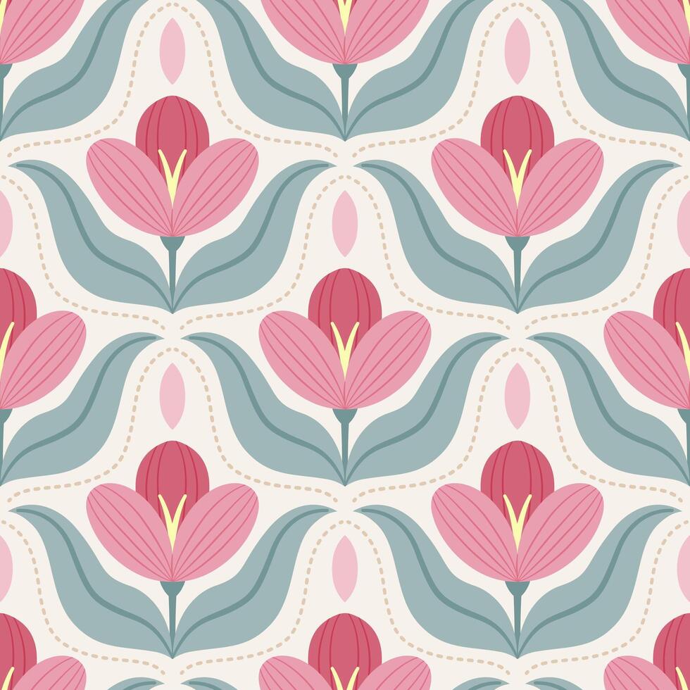 Floral pattern with pink flowers and leaves vector