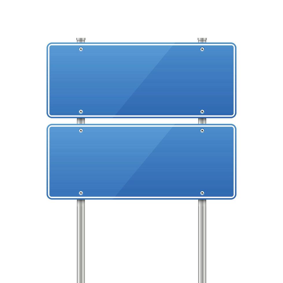 A blank double blue road sign with white borders, mounted on metal posts. The signs are clean and reflective, set against a plain white background in isolation. vector