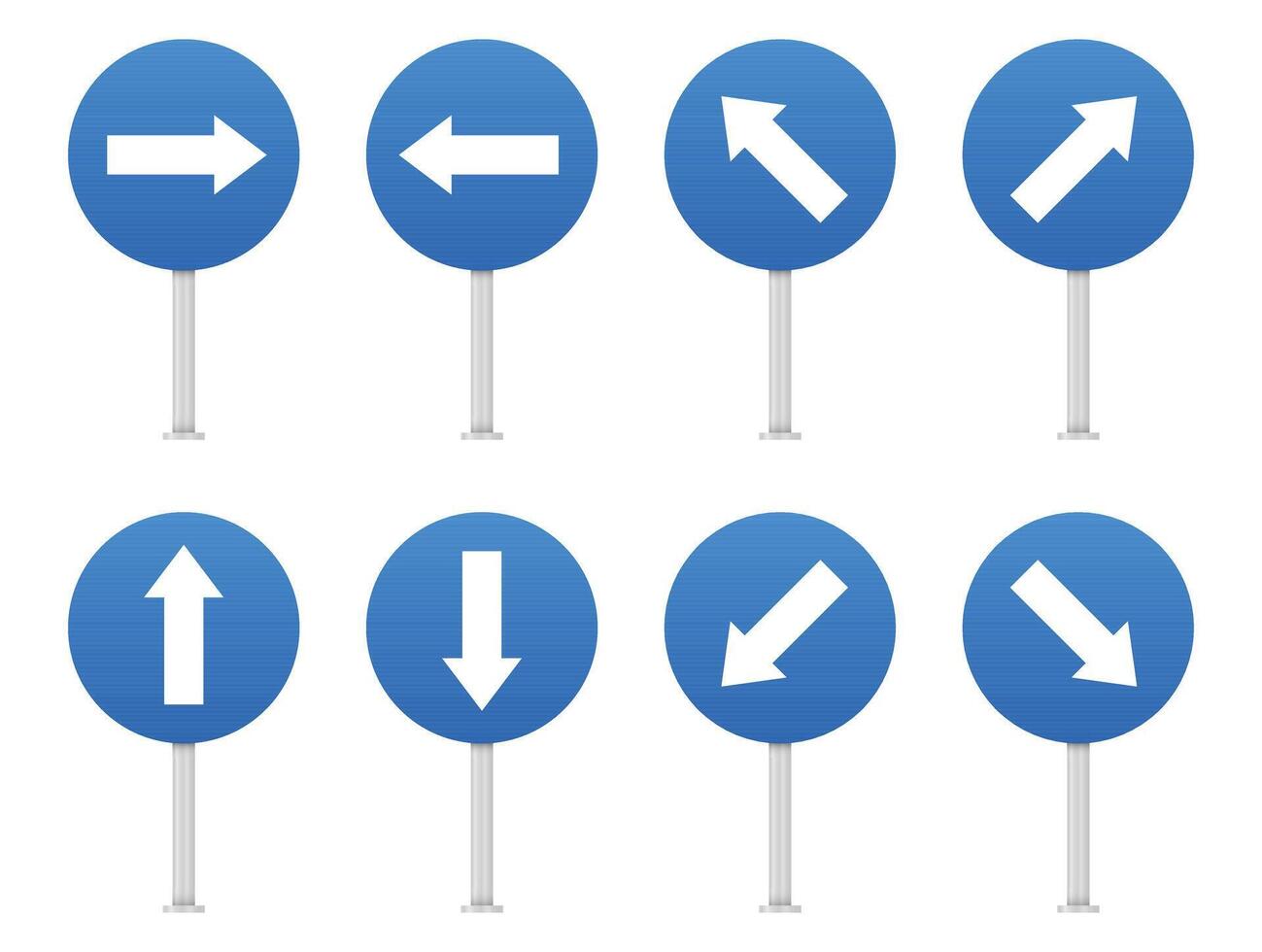 Eight blue circular signs, each featuring a white arrow pointing in different directions, right, left, up, down, and various diagonal angles, indicating directions. vector