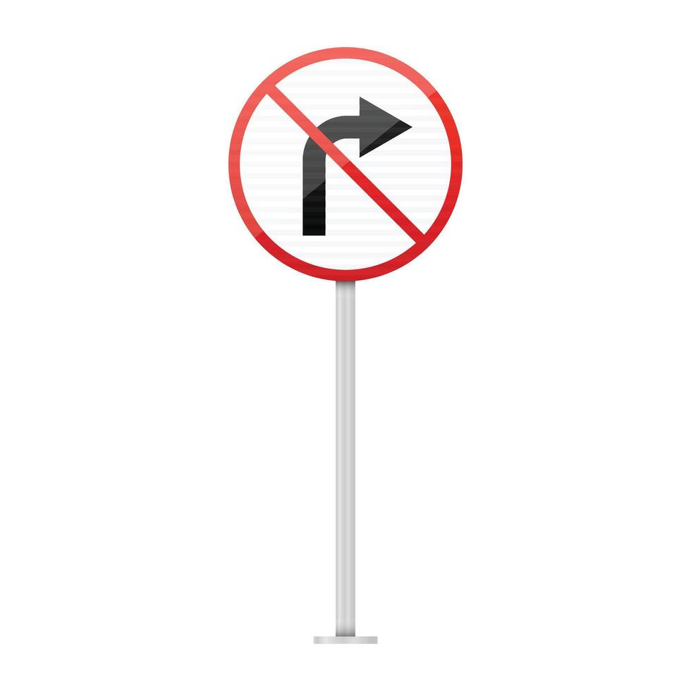 Road sign, with a red circle and a diagonal line, prohibits right turns at an upcoming intersection. The sign helps regulate traffic flow and safety at the location. vector