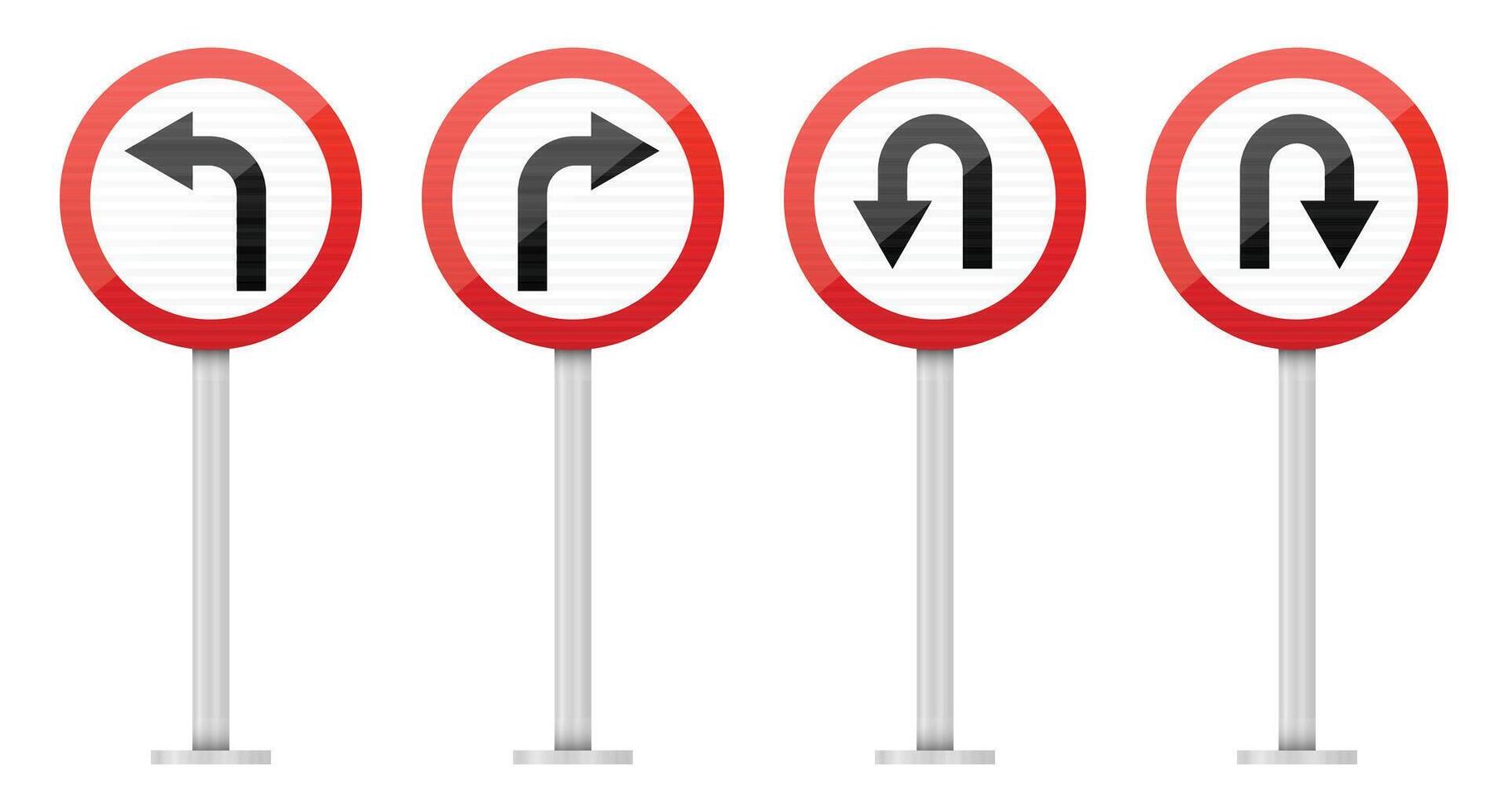 A set of four signs indicates permissible turns on the road, showing the direction of left, right, and u-turns. The signs are round with a red border. vector