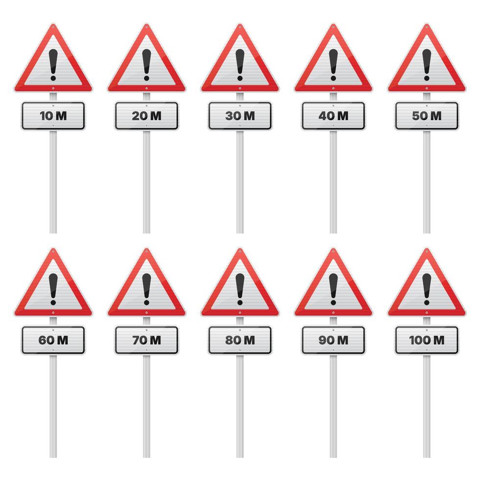 A series of warning signs with exclamation points indicating potential hazards at different distances, ranging from 10 to 100 meters, arranged in sequence. vector