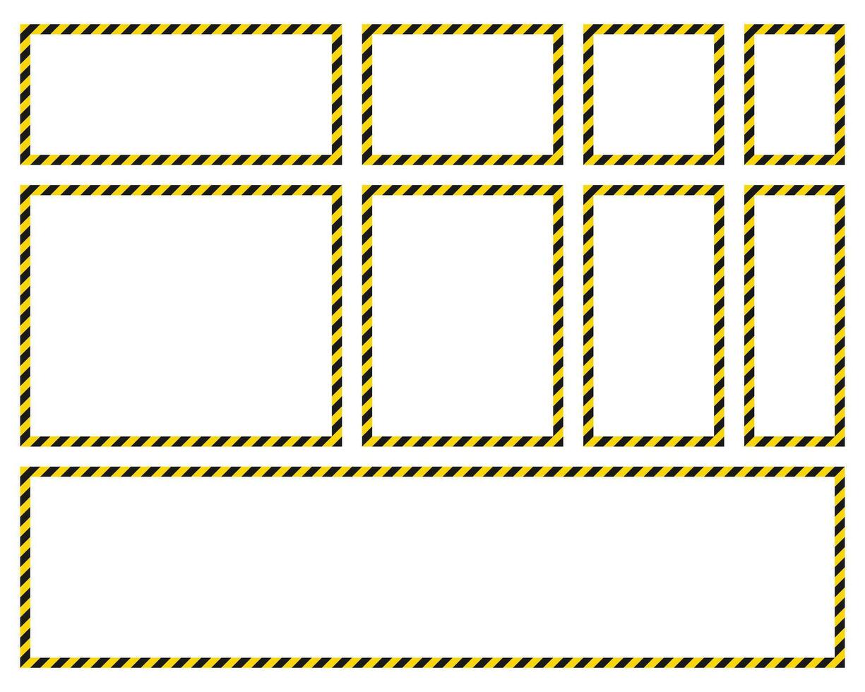 An assortment of rectangular and square frames outlined with yellow and black diagonal warning tape pattern over a clean white backdrop. Use for caution signs or displays. vector