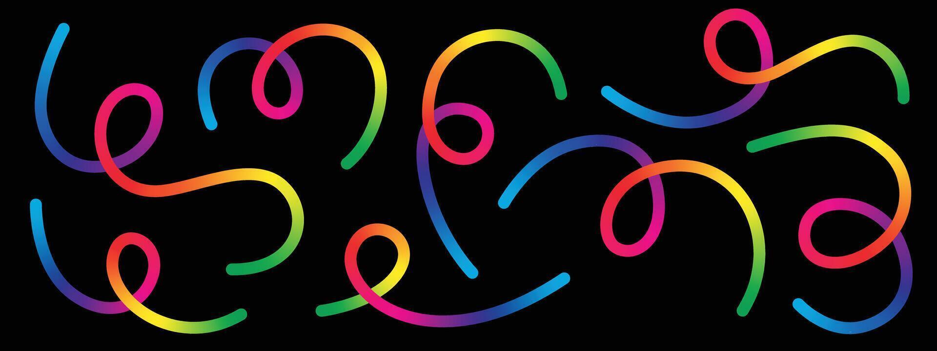 A playful and abstract pattern featuring multiple rainbow-colored swirls on a stark black background. The design conveys fun, energy, and creativity in its simplicity. vector