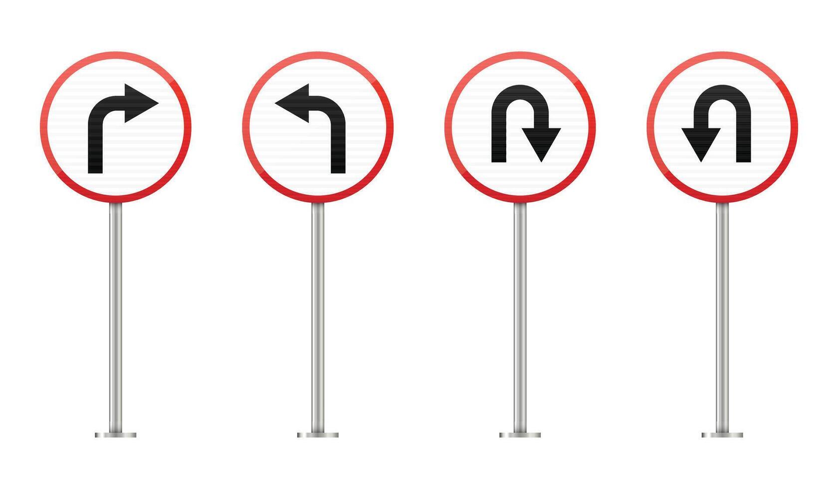Four red and white circular signs depicting turn directions, including right, left, and two u-turn variations, displayed on silver poles against a white background. vector
